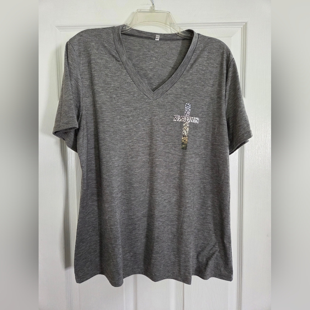 Women's Gray V-Neck Short Sleeve Tee with Cross Accent XL Fits Like L